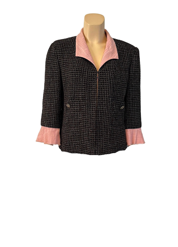 Chanel 12S 2012 Summer Black Metallic Tweed Pink Jacket FR 44 US 8/10