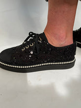 Load image into Gallery viewer, Chanel 17P 2017 Spring Black sequined Lace Up Tennis type  Shoes with contemporary thick soles and  pearl trim. EU 39.5 US 9/9.5