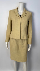 Chanel Boutique Cotton Boucle Yellow Green Skirt Blazer Jacket Suit Set US 4/6