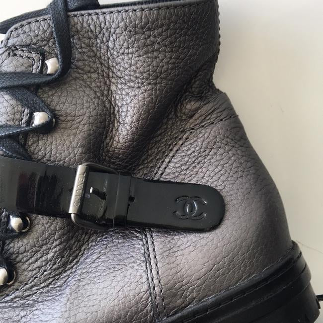Chanel 05, 2005 Metallic Grey Black Patent Leather Biker Combat Short Ankle Boots