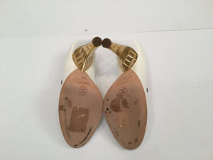 Chanel White Patent Leather Quilted Gold Mary Jane Wedge Strap Heels 07A Novelty Buckled Pumps EU 39 US 8/8.5