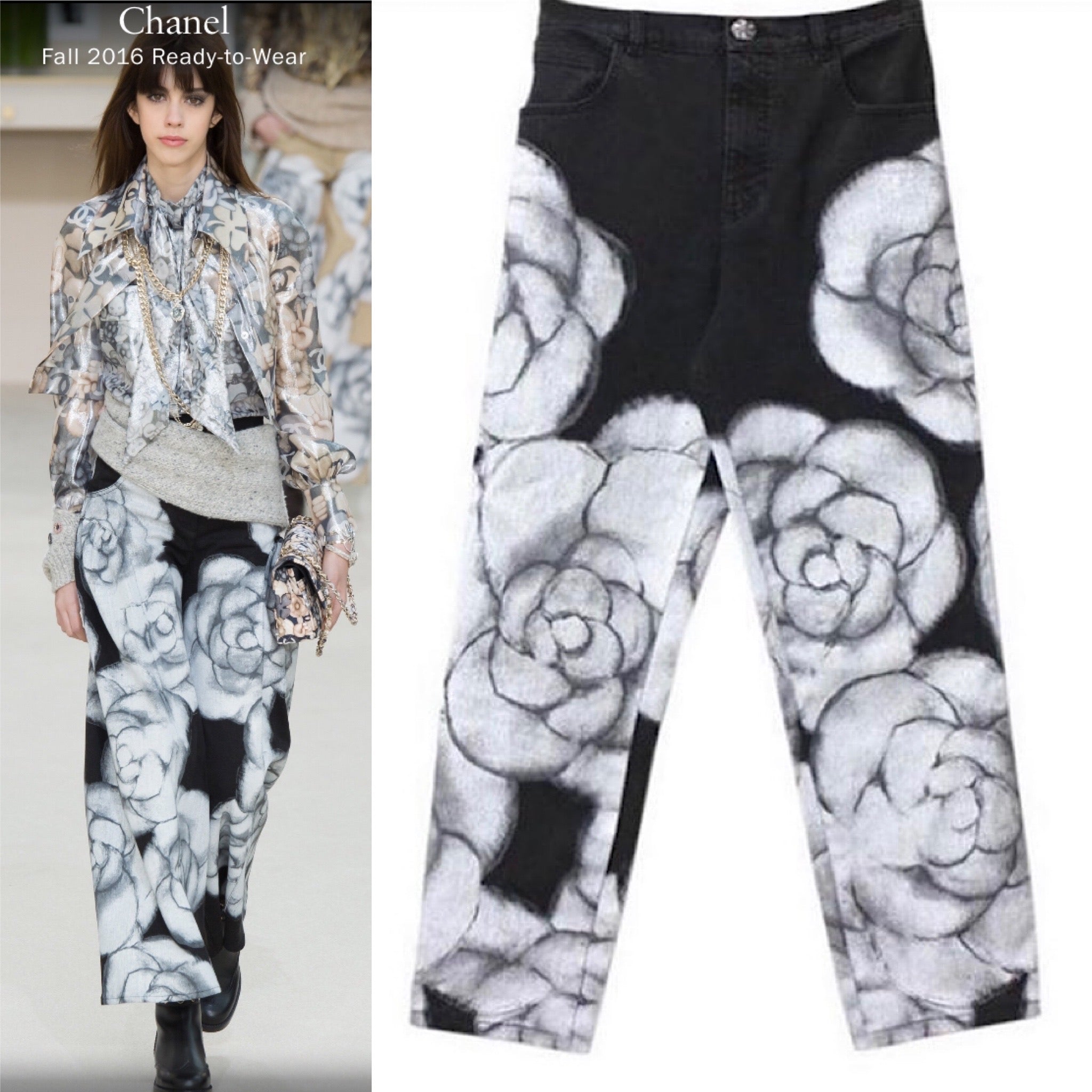 HelensChanel Nwt Chanel 2016 Fall Ready to Wear Runway Black White Camellia Painted Jeans FR 38 US 4