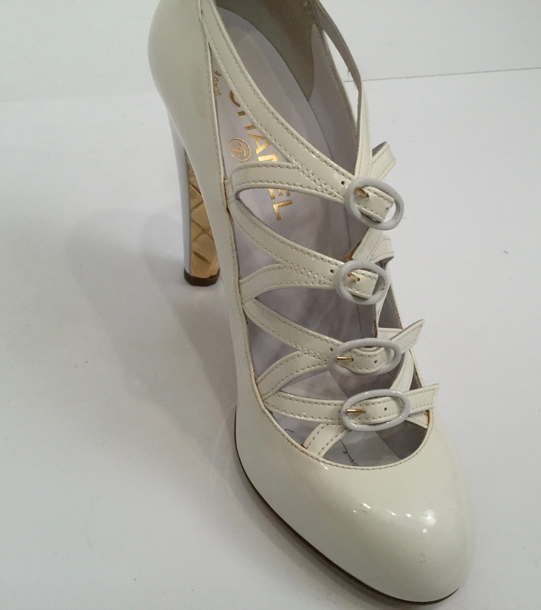 Chanel White Patent Leather Quilted Gold Mary Jane Wedge Strap