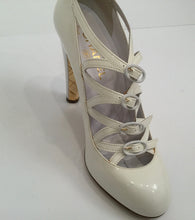 Load image into Gallery viewer, Chanel White Patent Leather Quilted Gold Mary Jane Wedge Strap Heels 07A Novelty Buckled Pumps EU 39 US 8/8.5