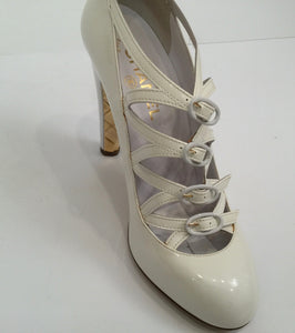 Chanel White Patent Leather Quilted Gold Mary Jane Wedge Strap Heels 07A Novelty Buckled Pumps EU 39 US 8/8.5