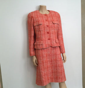 97P, 1997 Spring Vintage Chanel Boutique Orange Tweed Plaid Wool Skirt US 10