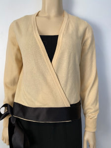 1980’s Chanel Vintage Light Yellow Black Bicolor Wrap Sweater w/satin ribbons US 4/6/8