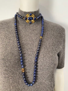 95A, 1995 Fall Vintage Chanel Long Strand Blue Gold Stone CC Necklace