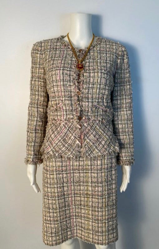 Vintage Spring 1998 Chanel Pink/White Tweed Suit