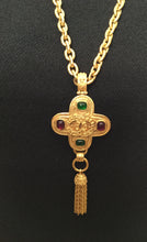 Load image into Gallery viewer, 94A Vintage Chanel poured glass Cabechon stones Cross Tassel CC Pendant tassel Necklace Red Green Gold Metal