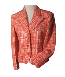 97P, 1997 Spring Vintage Chanel Boutique Orange Plaid Wool Tweed Jacket Blazer Skirt Suit Set US 8/10