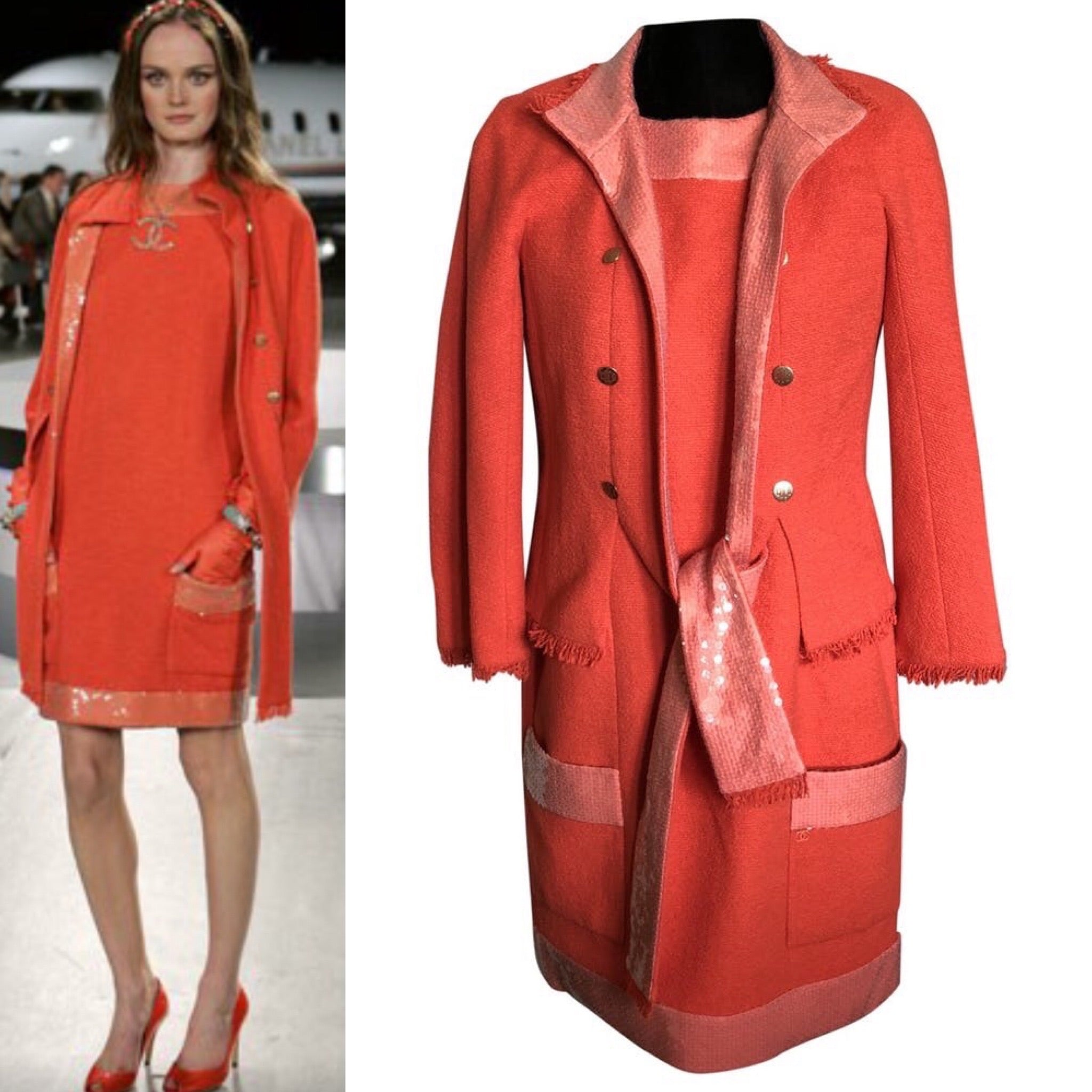 Chanel 08C Resort Cruise Coral Fringe Dress Jacket Tweed Sequin Set FR –  HelensChanel