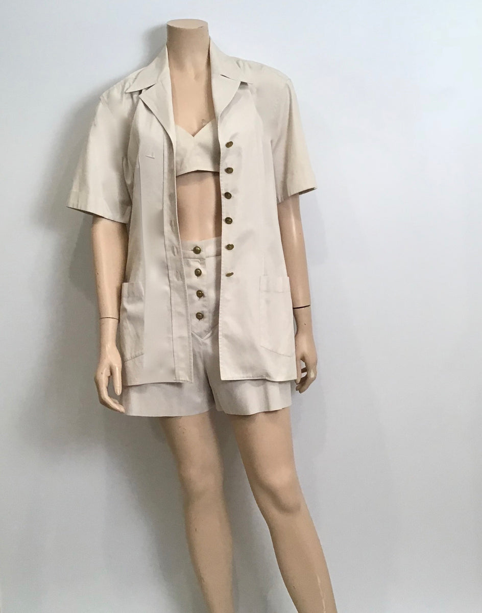 1980 Vintage Chanel Khaki Safari Shorts Cropped Bra Top Jacket