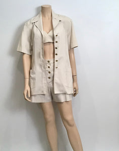 1980 Vintage Chanel Khaki Safari Shorts Cropped Bra Top Jacket Cotton Extremely Rare 3 Piece Set US 4/6