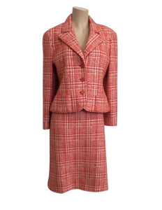 97P, 1997 Spring Vintage Chanel Boutique Orange Tweed Plaid Wool Skirt US 10