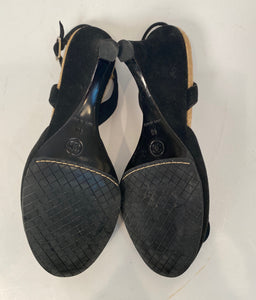 Chanel 06C 2006 Cruise Resort black suede patent leather Camellia wedge espadrille sandal heels EU 40