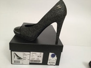 NIB New In Box Chanel Dark Silver Glitter patent platform Heel Pumps 2013, 13K ‘World Map’ Collection EU 38.5 US 7.5/8