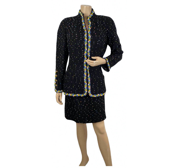 1980’s Collection 23 Chanel Black Multicolor Confetti Jacket Skirt Suit Set US 8/10