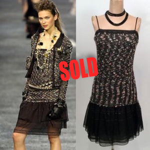 Vintage Chanel 04A, 2004 Fall Tweed Black multicolor Mini spaghetti strap Dress FR 36 US 4/6