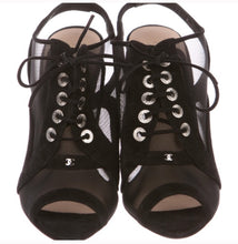 Load image into Gallery viewer, Chanel 10C 2010 Cruise Resort black velvet lace up peep toe mesh bootie sandal heels EU 38