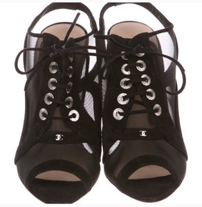 Chanel 10C 2010 Cruise Resort black velvet lace up peep toe mesh
