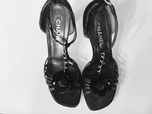 Load image into Gallery viewer, Chanel Black Camellia Flower Velvet Strap Sandal Heels EU 40 US 9.5