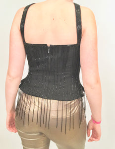 Vintage Chanel 00A, 2000 Fall Autumn Black Tassel Beaded Tube Camisole Top Blouse FR 40 US 4