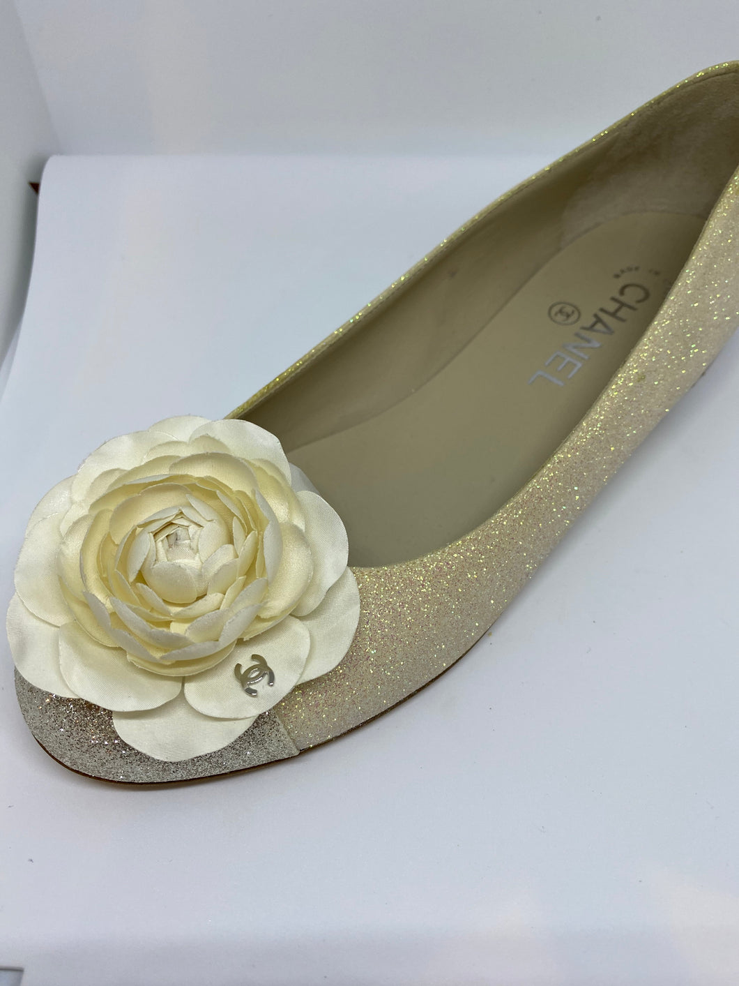 Chanel Camellia CC Logo Straw Flower Leather Cork Ballet Flat Shoes sz   Down The Rabbit Hole MN