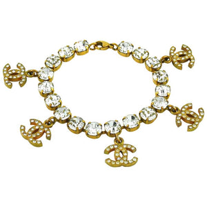 96P, 1996 Spring RARE Chanel Vintage Gold Metal Crystals CC Bracelet Necklace Set