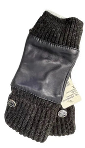 NWT Chanel 2016 16B Leather Cashmere Navy/Black/Dark Grey Fingerless Gloves Size 8