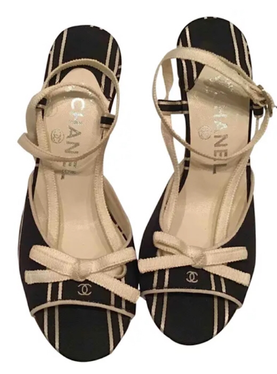 Chanel Vintage Canvas Wedge Heels Black Ecru Ivory Bow Strap