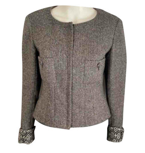 Chanel 08A 2008 Fall Collarless Herringbone Jacket with removable Cuffs FR 40 US 4