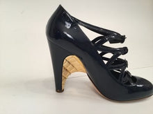 Load image into Gallery viewer, Chanel Navy Blue Patent Leather Quilted Gold Mary Jane Wedge Strap Heels 07A 2007 Fall Novelty Buckled Pumps EU 38 US 7/7.5