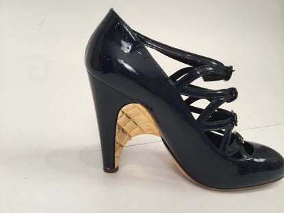 Chanel Navy Blue Patent Leather Quilted Gold Mary Jane Wedge Strap Heels 07A 2007 Fall Novelty Buckled Pumps EU 38 US 7/7.5