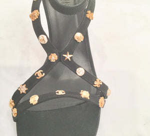 Chanel Charm Logo Black Grosgrain Strap Sandal Icon Heels EU 39.5 US 8.5/9