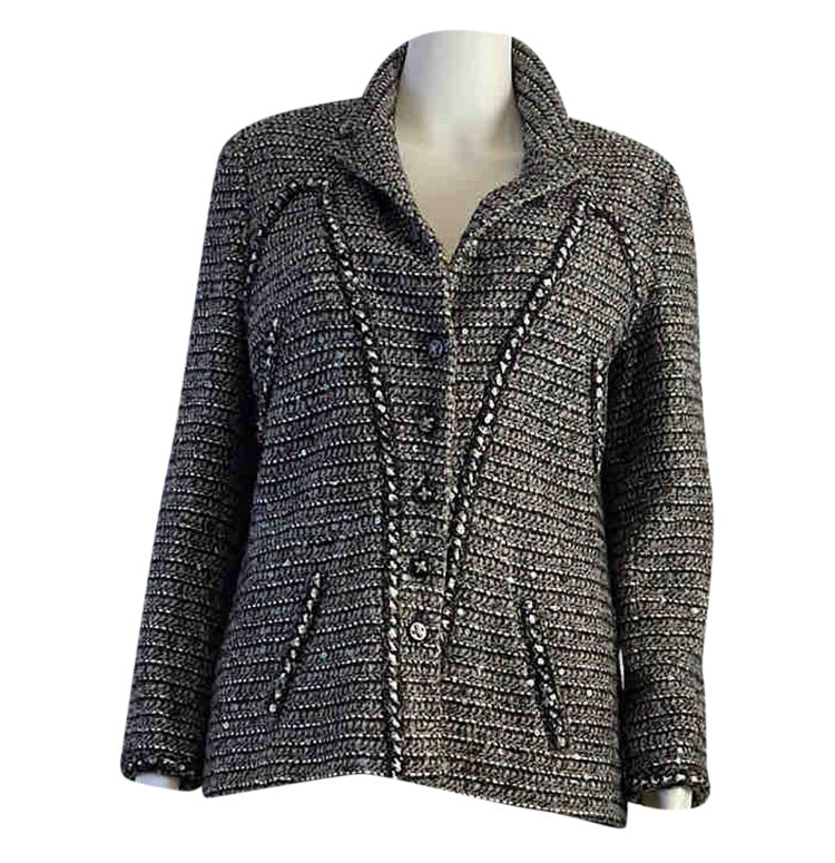HelensChanel Chanel 06A 2006 Fall Gray Black Sequined Tweed Jacket Blazer FR 44 US 8/10