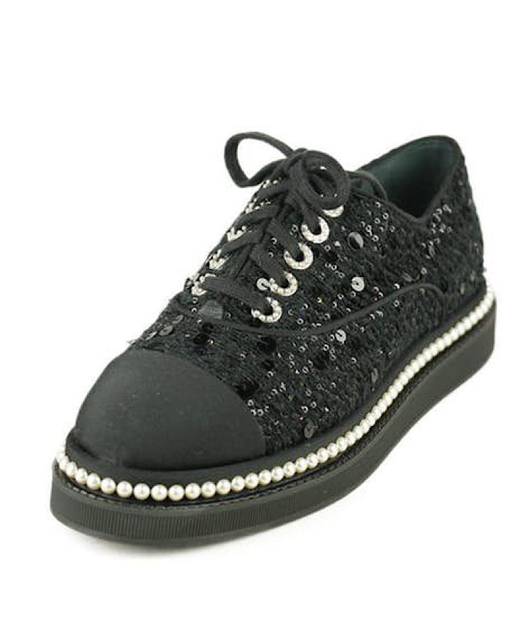 Chanel Black/White Tweed And Leather CC Low Top Sneakers Size 35.5 Chanel