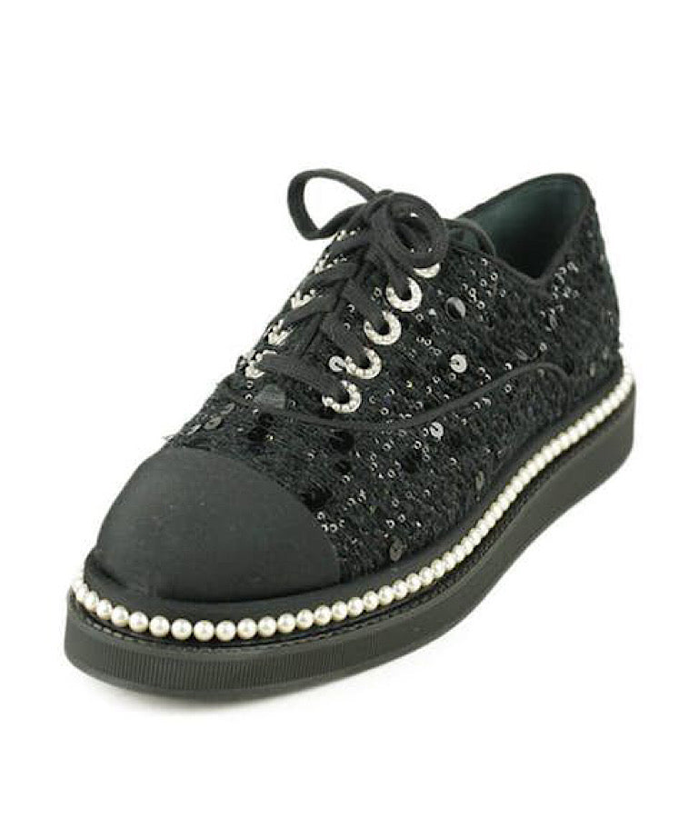 Chanel 17P 2017 Spring Black Sequined Lace Up Tennis Type Shoes with Contemporary Thick Soles and Pearl Trim. EU 39.5 US 9/9.5