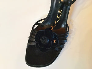 Chanel Black Camellia Flower Velvet Strap Sandal Heels EU 40 US 9.5