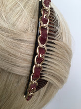 Load image into Gallery viewer, Chanel 2013 Bordeaux Burgundy Leather Hair Decorative  Accessory Comb Barrette Gold CC Logos