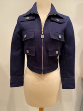 Load image into Gallery viewer, NWT Chanel 05P 2005 Spring short Sporty Navy Blue jacket logo zippers FR 36