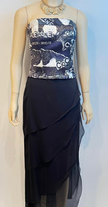 RARE Chanel Coco, 1 Rue Cambon 2020 Fall 20A Iconic Logos Graffiti Black/Blue/White Satin Corset Bustier Camisole FR 40 US 4/6