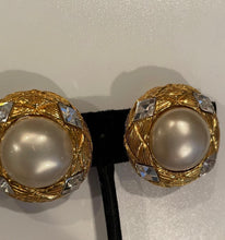 Load image into Gallery viewer, Vintage Chanel Clip on Gold Pearl Crystal Round Earrings