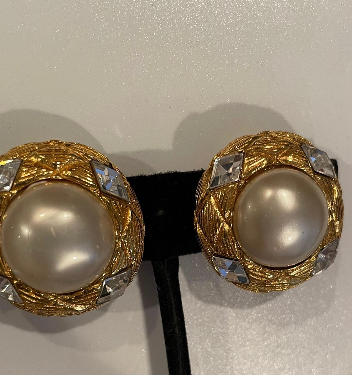 Chanel Gold CC Half Half Pearl Crystal Large Piercing Earrings For