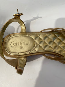 Chanel 15P 2015 Spring Gold Leather Gladiator Strap Sandals with stones EU 39.5