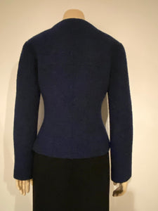Vintage Chanel Identification 99A, 1999 Fall Boiled Wool Dark Blue Jacket FR 40