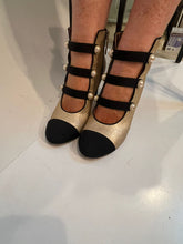 Load image into Gallery viewer, Chanel 2018 Gold Black Cap Toe Leather Pearl Button Bootie Boots Heels EU 41 US 9.5/10
