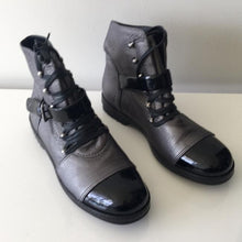 Load image into Gallery viewer, Chanel 05, 2005 metallic Grey black patent leather biker combat short ankle boots boots EU 37 US 6/6.5