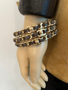 Chanel 12P 2012 Spring Set of 3 Chain Leather CC Brown Bracelet Bangles