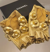 Load image into Gallery viewer, Chanel 2020 New in Box Gold Metallic Camellia Appliqué Fingerless Gloves Size 8